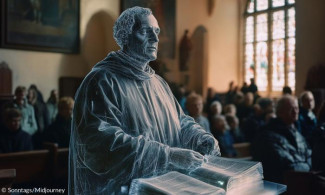 KI-generiertes Bild. Prompt: Holographische Figur von Martin Luther predigt auf einer Kanzel in einer modernen, hellen, evangelischen Kirche. Auf den Bänken sitzen viele Menschen. Fotografischer Stil. Kreiert mit Hilfe von Midjourney.